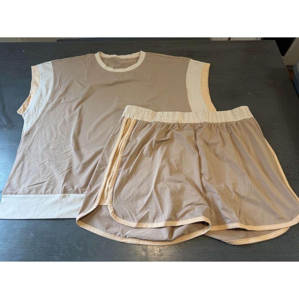 NWT beige SHEWIN two piece shorts shirt set size plus 2XL